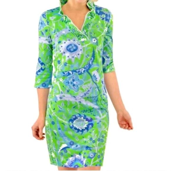 NWT Gretchen Scott Ruffneck Dress Magic Carpet in Green Blue Ruffle Size S Small
